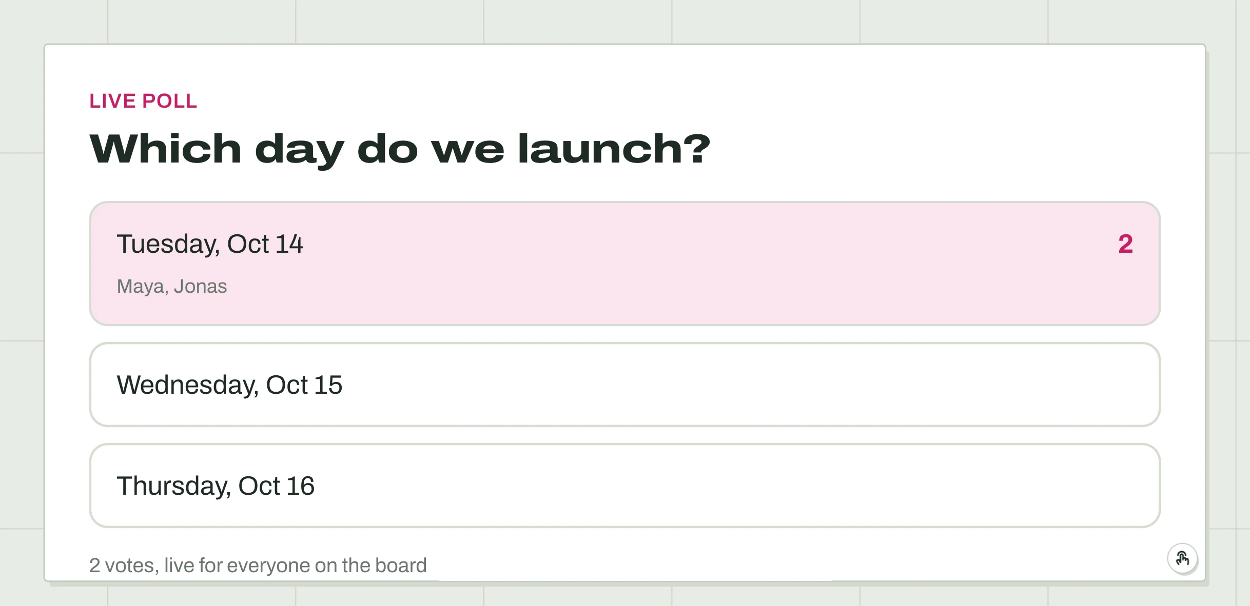A live poll titled Which day do we launch, with two votes for Tuesday from Maya and Jonas, and Jonas's cursor on it.