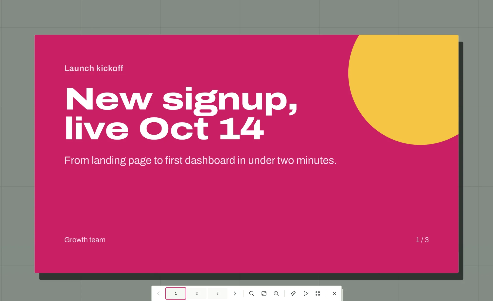 The first slide, Launch kickoff: New signup, live Oct 14, presented full screen from the board.